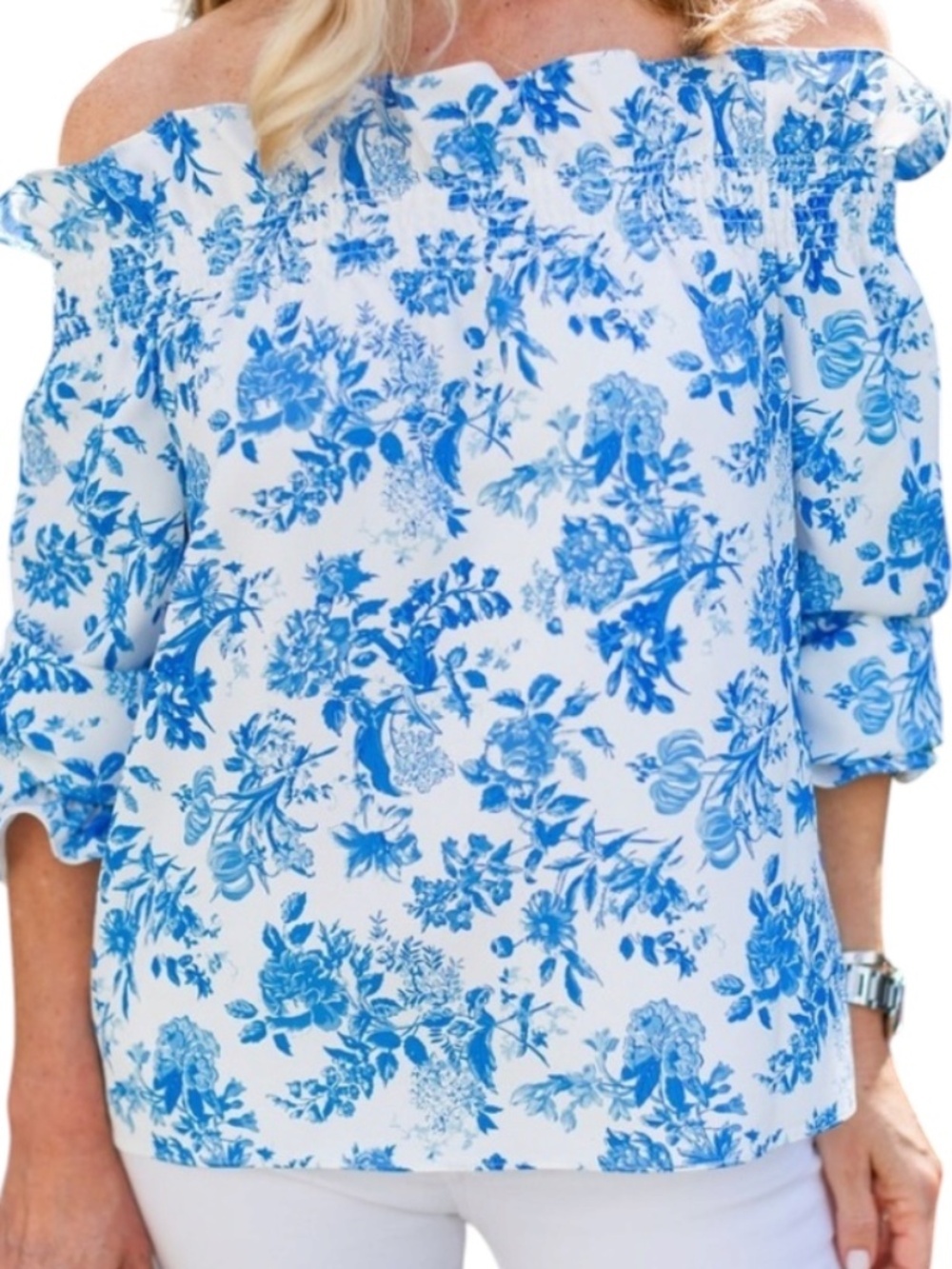Tuckernuck Marguerite Off-The-Shoulder Floral Print Popover Top Size Small